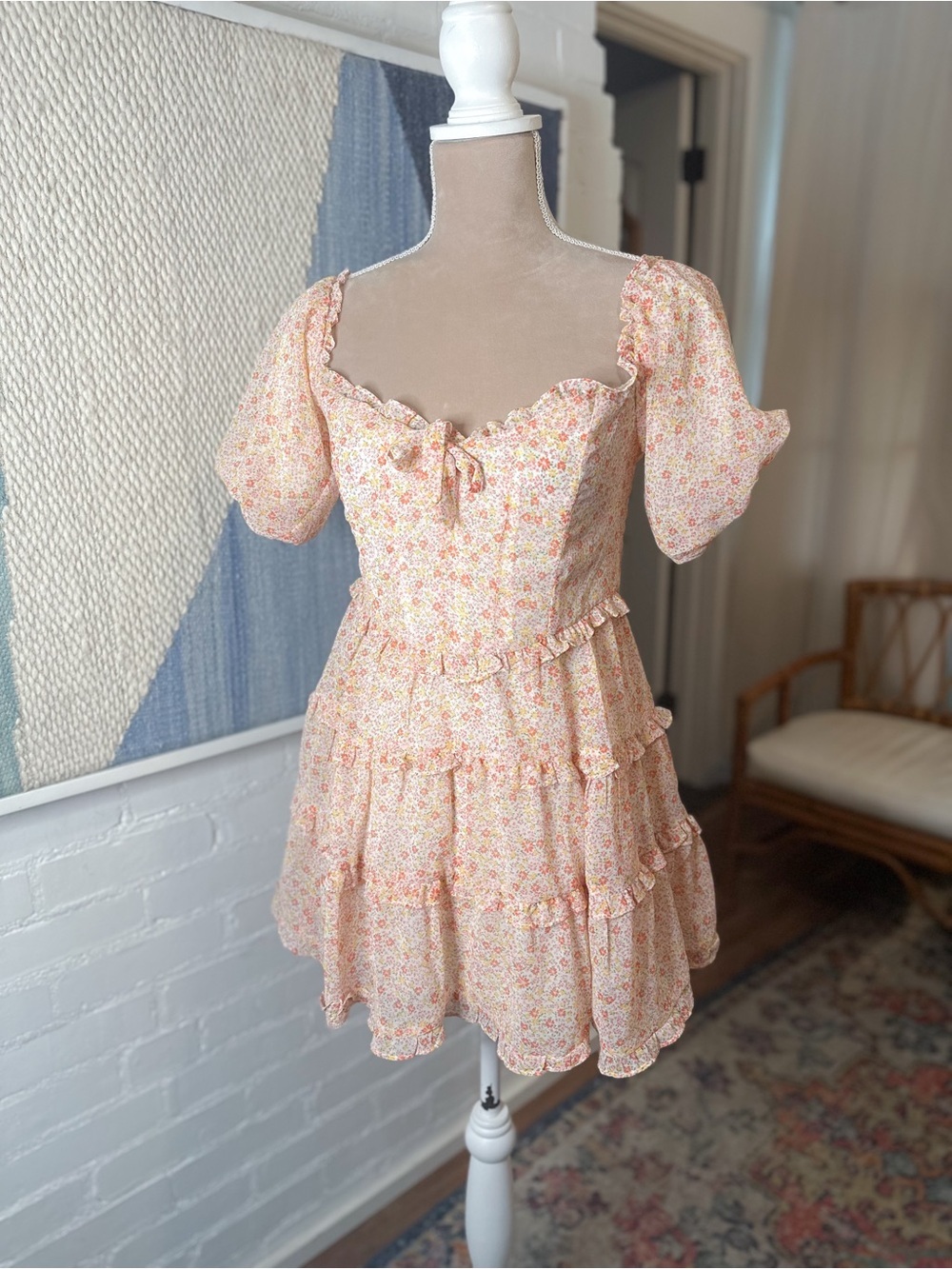 NWT Skylar + Madison Pink and Cream Floral Puff Sleeve Dress with Boning